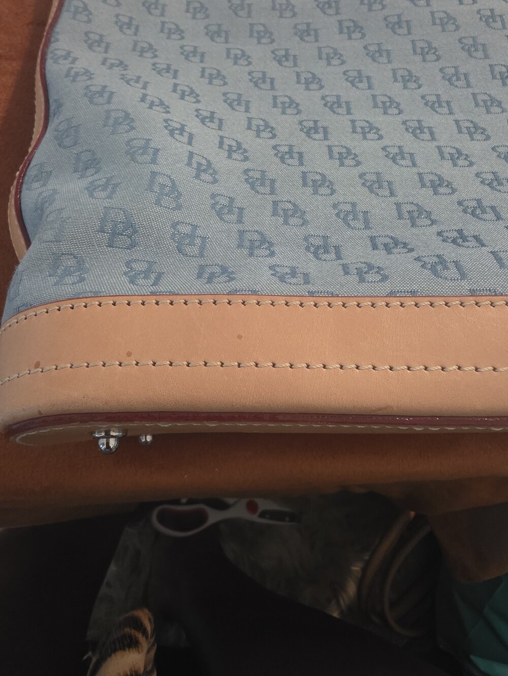Dooney & Bourke Blue Canvas Tote with Tan Leather Trim and Pouch - Picture 8 of 10